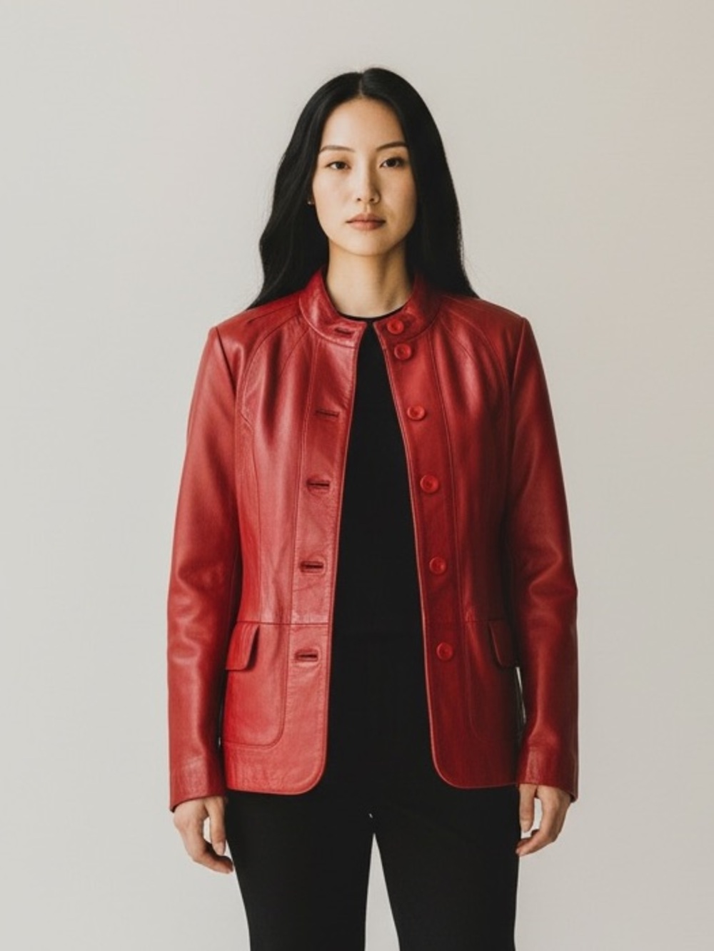 Vintage Marie Louis Cherry Red Genuine Leather Button-Front Jacket. Size 40